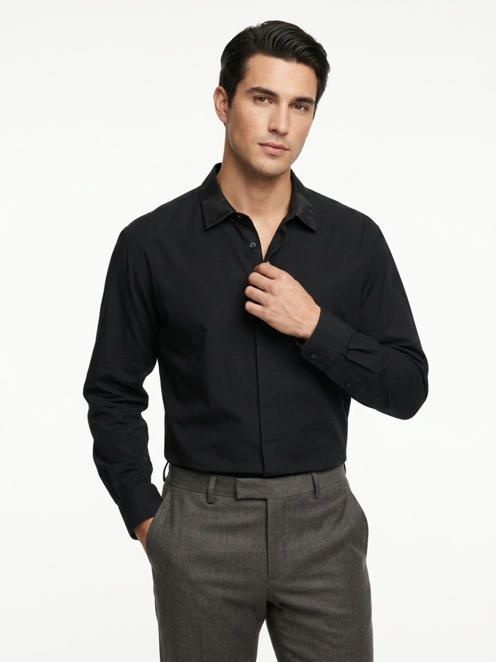 Donna Karan Hidden Placket Dress Shirt Acetate Collar Cotton Black 16.5 34/35
